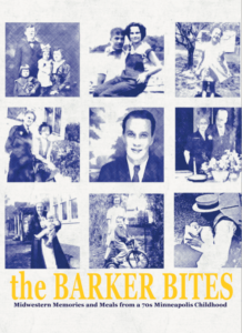 cover of The Barker Bites cookbook. Nine pictures in black and white with yellow lettering